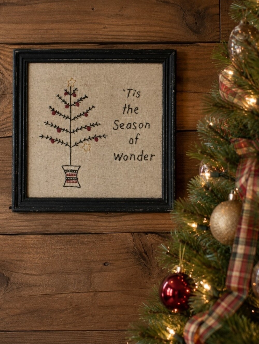 Christmas Picture Tis The Season of Wonder Embroidery Embroidered Vintage Framed